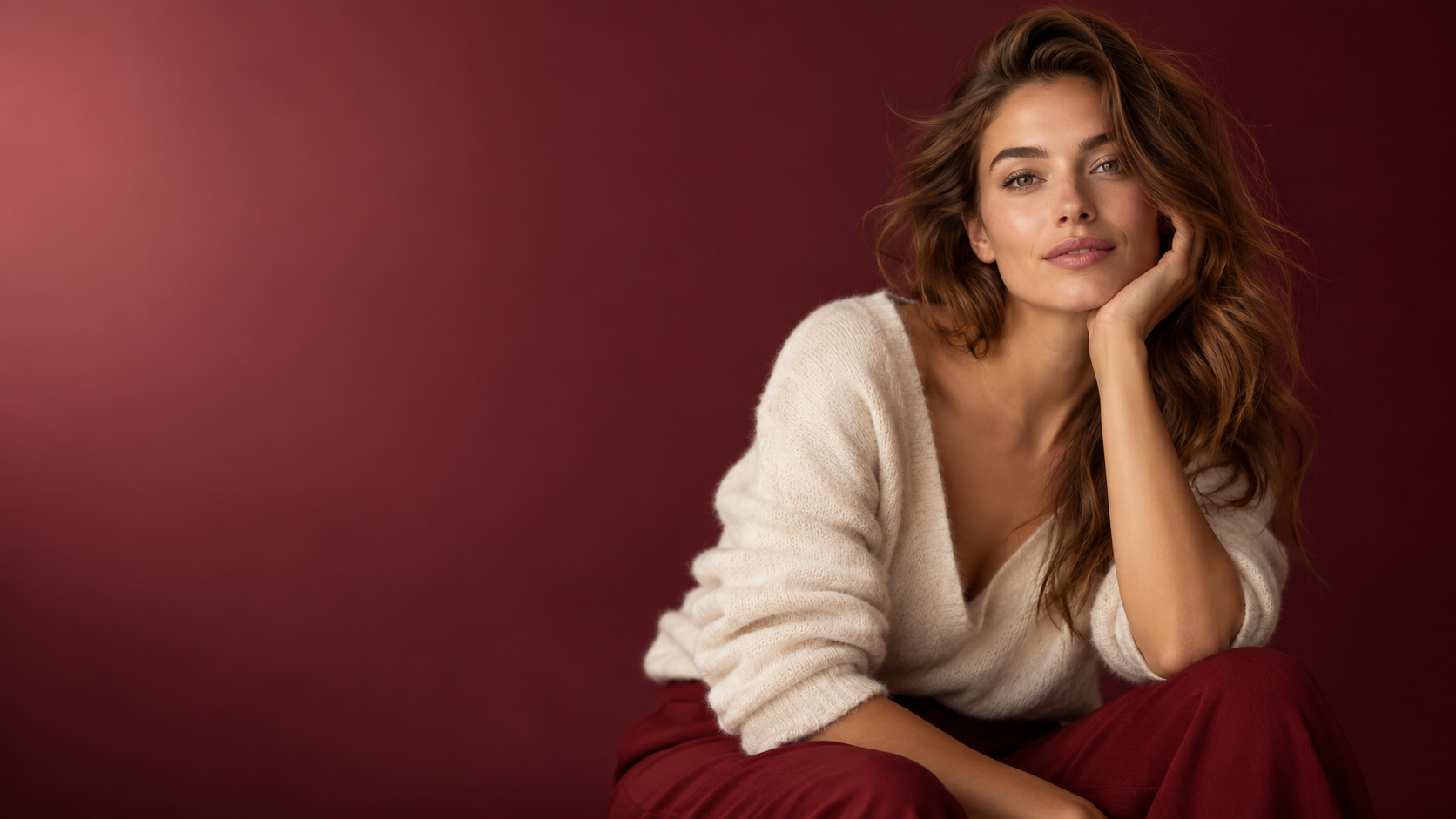 Modernes Modelporträt in einem Studio vor dunkelrotem Hintergrund